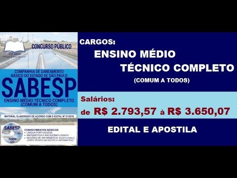 Edital Apostila  Concurso SABESP 2018 Ensino Médio Técnico Completo COMUM A TODOS