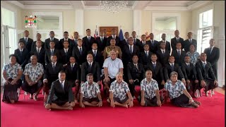 Fiji's President receives a presentation of itatau from the MGM High School U18 Rugby Team