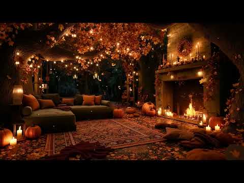 Peaceful Pumpkin Autumn Vibes 🎃 Rainy Porch, Jazz & Cozy Fire Sounds for Inner Peace