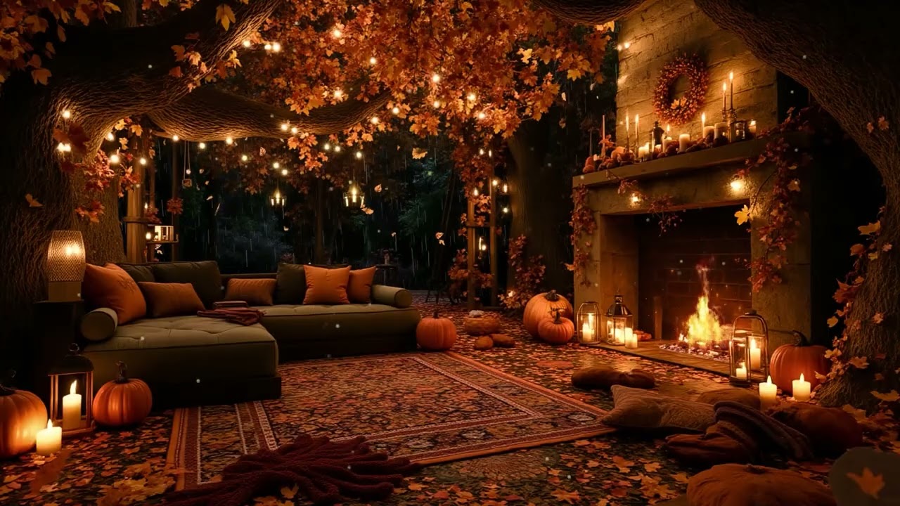 Peaceful Pumpkin Autumn Vibes 🎃 Rainy Porch, Jazz & Cozy Fire Sounds for Inner Peace
