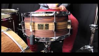 Video thumbnail for PorkPie USA 13x7 Custom Rosewood w/ Zebrawood inlays over Maple Shell Snare Drum by Peter Lewis