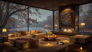 🌧 Rainy Autumn Afternoon by the Lake | Cozy Living Room Fireplace & Smooth Jazz for Deep Relaxation