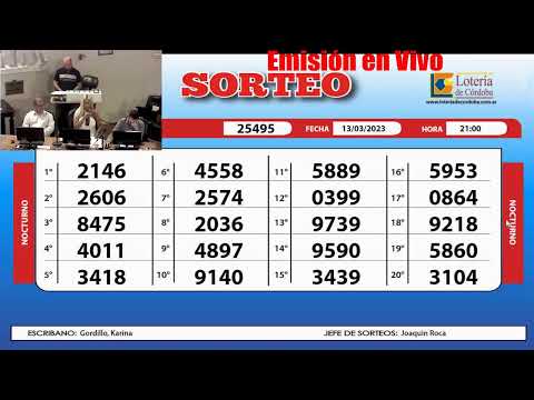 Sorteo de Quiniela NOCTURNO N° 25495 – 13/03/2023 – 21.00 hs.