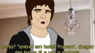 Oasis's cartoon Liam and Noel fighting with subtitles