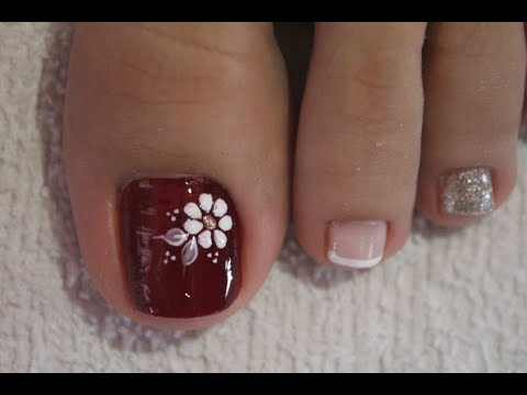 DISEÑO DE UÑAS PARA PIES FLOR BLANCO Y ROJO CON FRANCÈS – FLOWERS NAIL ART – FRENCH NAIL ART – NLC