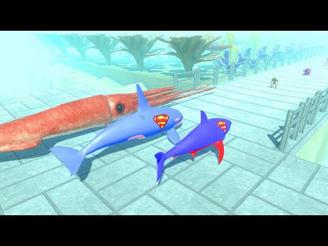 Superman Great White Shark & Orca & Collosal Squid Team Death Run | Animal Revolt Battle Simulator