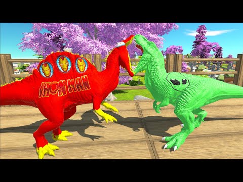 IRON MAN SPINOSAURUS Vs ALIEN T-REX JURASSIC WORLD DEATH RUN - Animal Revolt Battle Simulator
