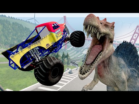 BeamNG Crazy Car Crashes & Jumps  Giant Dinosaur - Random Vehicles Total Destruction