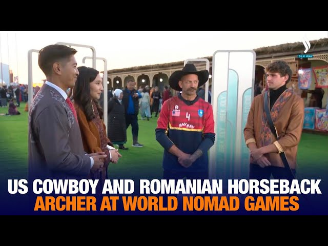 US cowboy and Romanian horseback archer at World Nomad Games