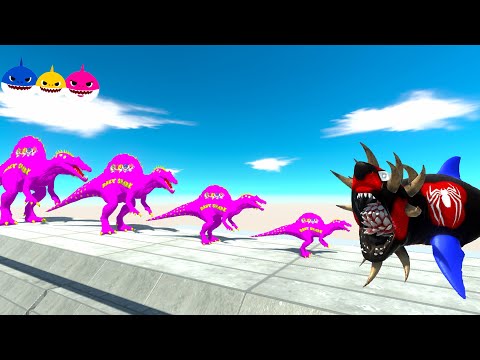4 SIZE BATTLE of BABY SHARK SPINOSAURUS - Animal Revolt Battle Simulator