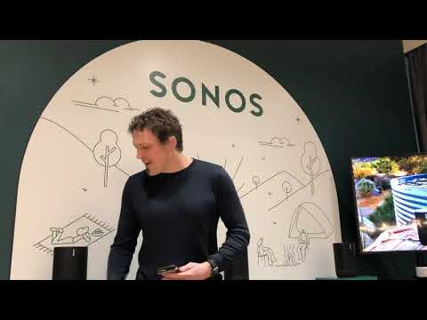 Demonstrating the smart speaker Sonos Move with Google assistance and Amazon Alexa
