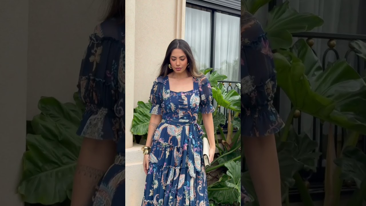 Printed Tulle Midi Dress with Puff Sleeves and Belt