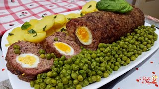 POLPETTONE RIPIENO FACILE DA FARE, UMIDO E GUSTOSO 😋 Con Uova Sode, Patate e Pisellini Primavera