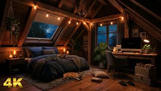 Thunderstorm in a Bedroom with Workspace ⛈️ Cozy Attic Rain & Sleeping Pets - No Fireplace