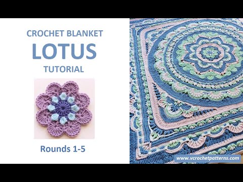 Rounds 1-5. Free crochet blanket LOTUS row-by-row tutorial (US terms) #crochetmandala