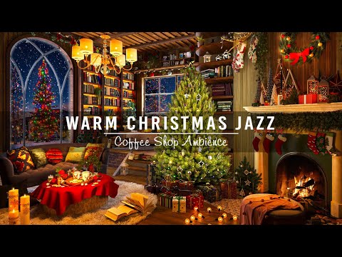 Instrumental Christmas Jazz Music & Warm Crackling Fireplace in Cozy Christmas Coffee Shop Ambience
