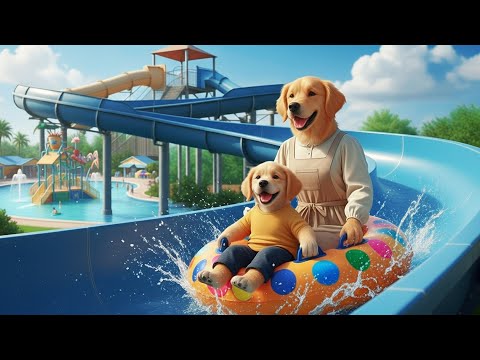 Happy Moments at the Water Park! 🐾❤️ Puppy & Mama Enjoy a Colorful Slide Ride 🌈💦🎉