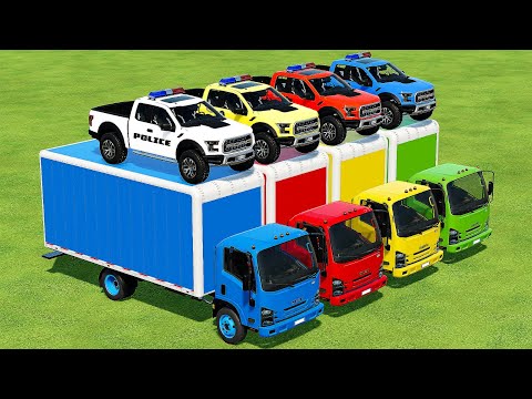 TRANSPORTING FORD RAPTOR POLICE CARS WITH COLORED ISUZU TRUCKS !- Farming Simulator 22