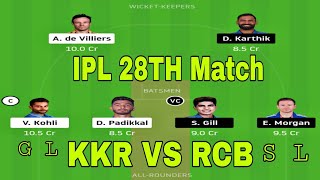 BLR vs KOL Dream11 Team | RCB vs KKR Dream11 IPL 28th Match 12 Oct | BLR vs KOL Dream11 Today Match
