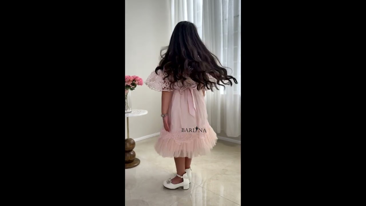 Elegant girls' dress with guipure sleeves - pink - 16 years