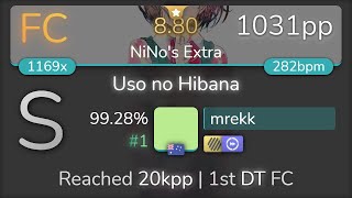 mrekk | 96neko - Uso no Hibana [NiNo&#39;s Extra] 1st +HDDT FC 99.28% {#1 1031pp FC} - osu!