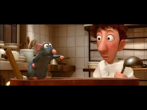 Trailer end card — Remy rides a ladle like a gondola; the end suite blossoms toward 'Le Festin'