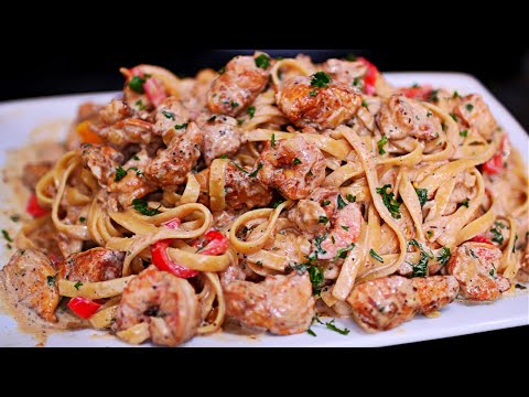 Creamy Cajun Chicken and Shrimp Fettuccine Alfredo with Peppers - Easy Alfredo Pasta Recipe