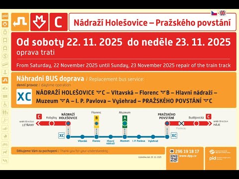 Hlášení o výluce na lince metra C (Nádraží Holešovice - Pražského povstání)
