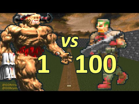 Cyberdemon vs 100 Zombiemen - Monster Infighting - Doom Retro Battles
