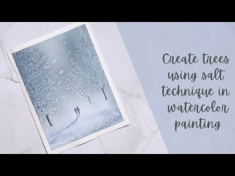 Easy watercolor winter landscape painting for beginners. Valentine card using salt technique.