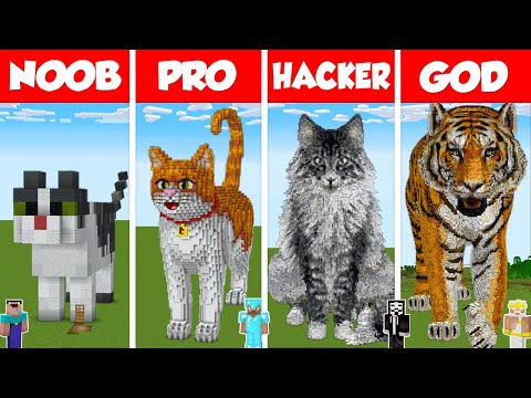 Minecraft TNT CAT HOUSE BUILD CHALLENGE - NOOB vs PRO vs HACKER vs GOD / Animation