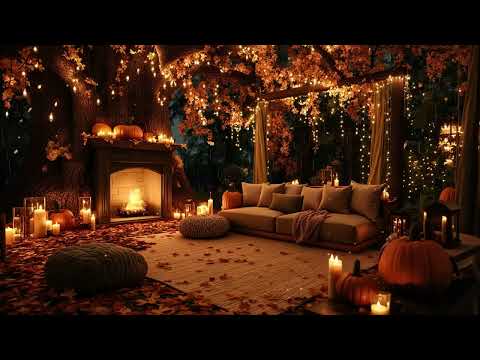 Cozy Pumpkin Porch at Dusk 🎃 Autumn Jazz, Rainfall & Fireplace for Soulful Calm