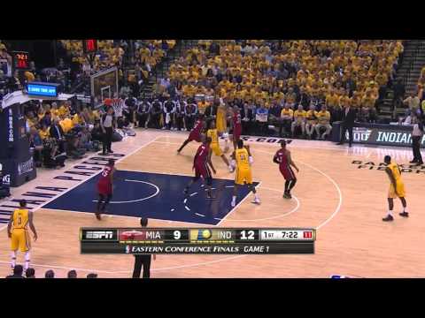LeBron poor defense - David West bucket - MIA @ IND, Gm 1