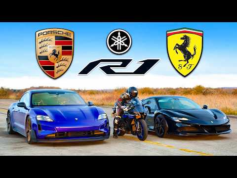 Porsche Taycan Turbo GT vs Ferrari SF90 vs Yamaha R1M: ARRANCONES