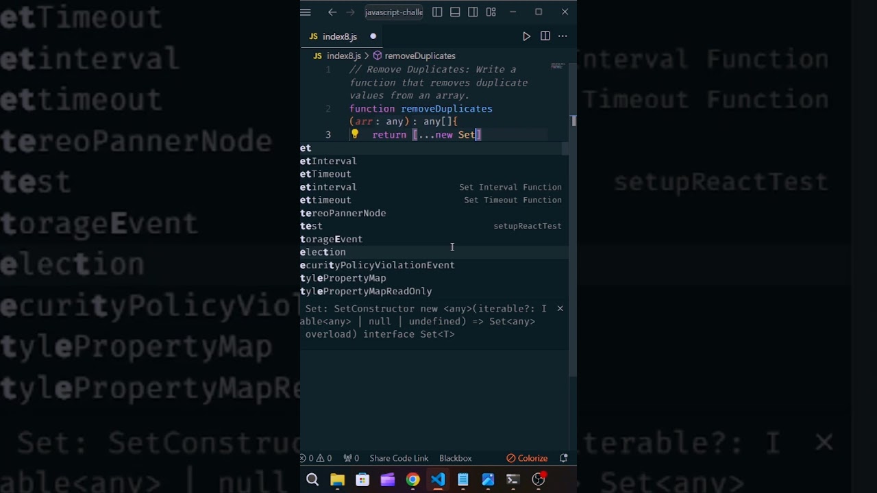 JavaScript Arrays: Removing Duplicate Values #shorts #youtubeshorts #javascript #codingchallenge