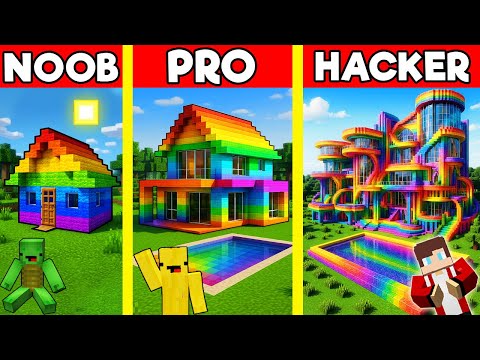RAINBOW HOUSE Build Battle In Minecraft - NOOB VS PRO CHALLENGE - Maizen Mizen Mazien Parody