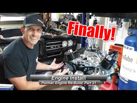 Pontiac V8 Rebuild, Part 21:  Engine Install, in Real Time!  Super Fast...