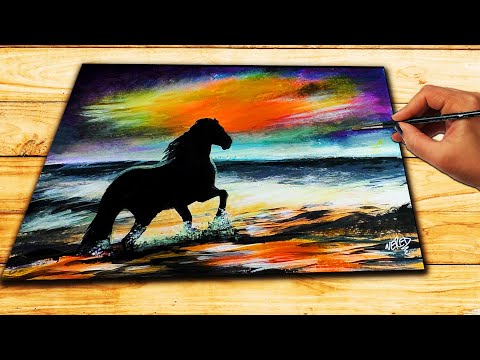 Acrylic Painting Tutorial - Ocean Sunset | HORSE Painting Demo step by step