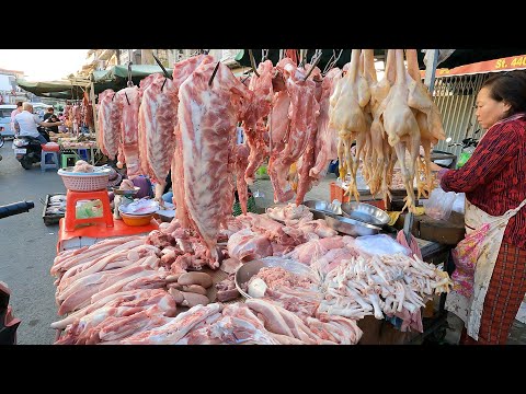 Cambodian Food Market Scenes In The Evening - Pork, Fish, Vegetables & More |TourWithPapa