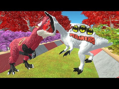 THE FLASH T-REX vs THE BATMAN SPINOSAURUS DEATH RUN - Animal Revolt Battle Simulator