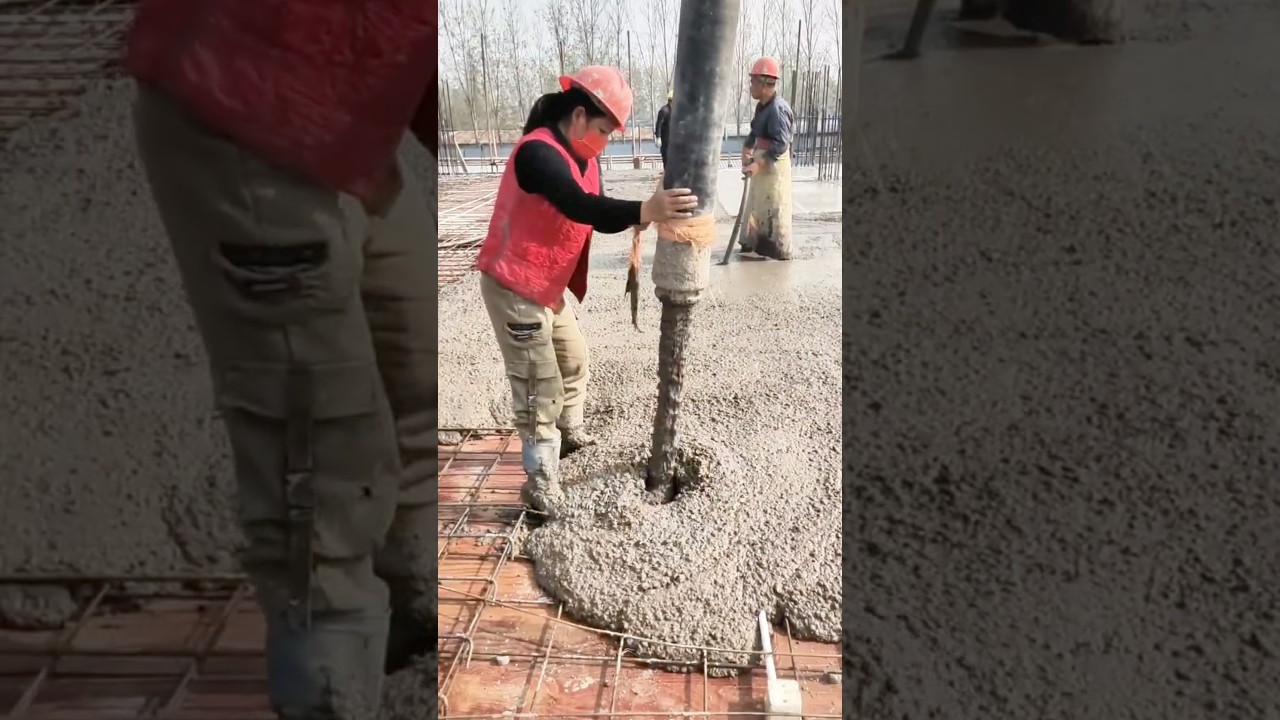Building Strength！Female Worker Skillfully Pours Concrete Foundation.