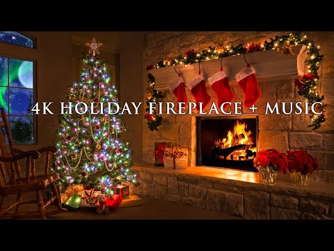 4K Holiday Fireplace + Instrumental Guitar Christmas Music