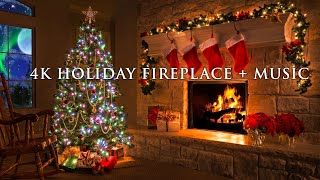 4K Holiday Fireplace + Instrumental Guitar Christmas Music
