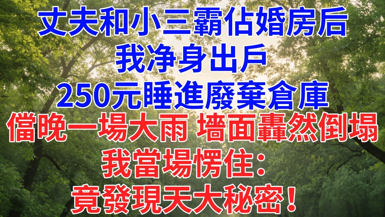 丈夫和小三霸佔婚房后，我净身出戶,250元睡進廢棄倉庫，當晚一場大雨 墻面轟然倒塌，我當場愣住，竟發現天大秘密！#為人處世#故事#小說#生活經驗#情感故事#戀愛#情感#婚姻