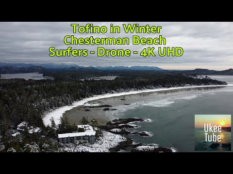 Tofino in Winter: Drone footage of Surfers on a Snowy Chesterman Beach near the Wickaninnish Inn