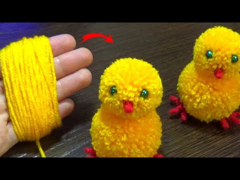 Super Easy Pom Pom Chicken Making Idea with Fingers - DIY Pom Pom Chick - How to Make Yarn Chicken