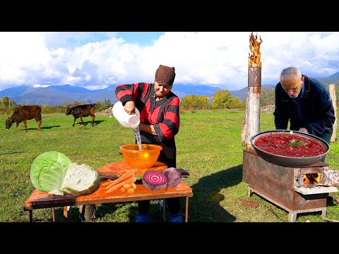 Village Life in Azerbaijan! Grandma Cook Cabbage Soup and Bread IN THE MOUNTAINS!