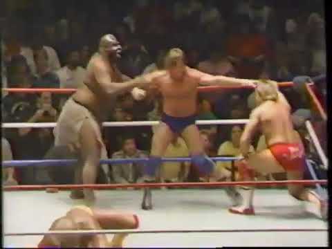Hulk Hogan and Roddy Piper vs Kamala and Paul Orndorff.