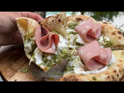Pizza Bianca with Mortadella, Burrata, and Basil Pesto