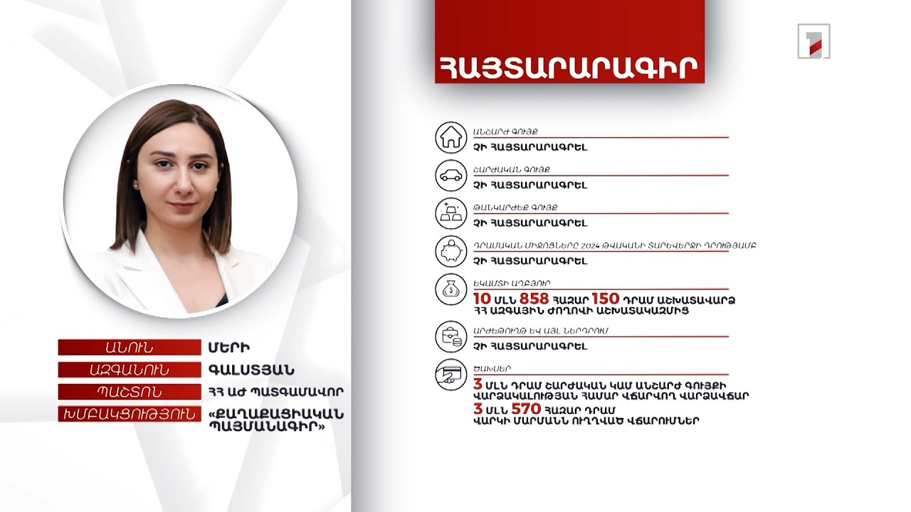 10 մլն 858 հազար դրամ եկամուտ. ՀՀ ԱԺ պատգամավոր Մերի Գալստյանի հայտարարագիրը